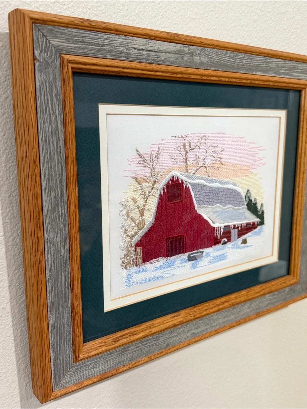 Vtg Needlepoint Embroidered Red Barn Winter Crewel Barn wood Frame Wall Hanging